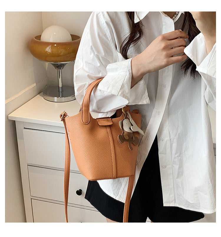 New Trendy Handbag Simple Stitched Shoulder Bag Lychee Pattern Bucket Bag Female Foreign Style Messenger Bag
