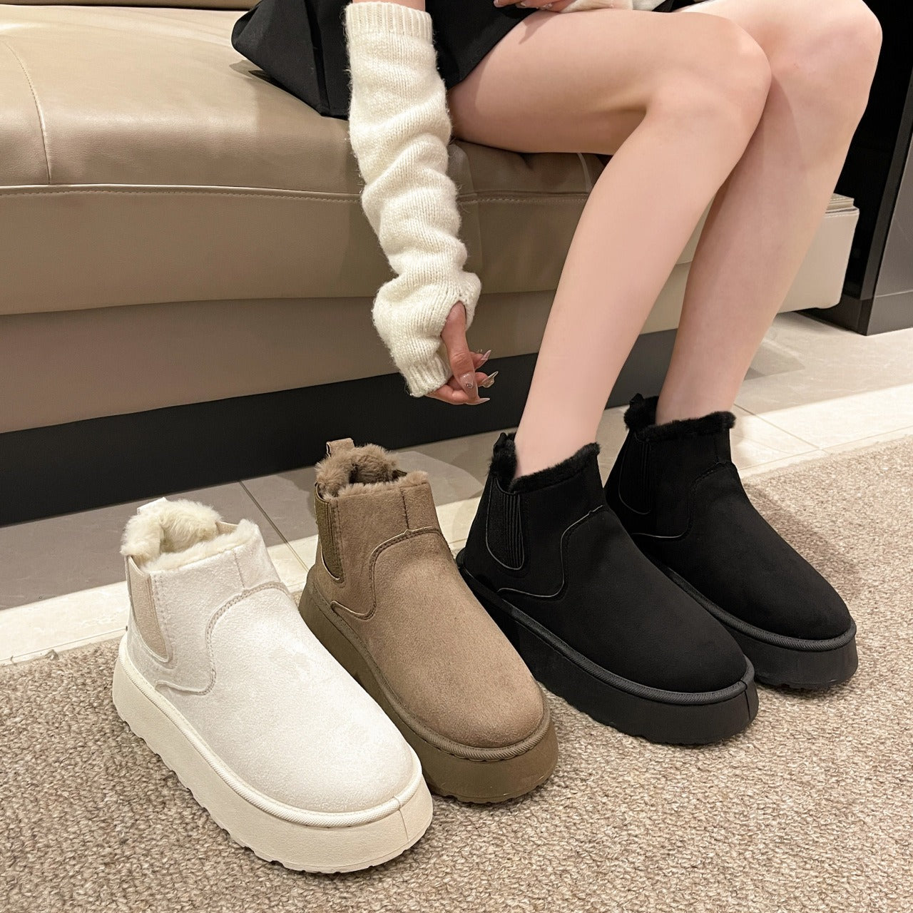 Short tube bread cotton shoes with plush and thick snow boots for women