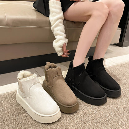 Short tube bread cotton shoes with plush and thick snow boots for women
