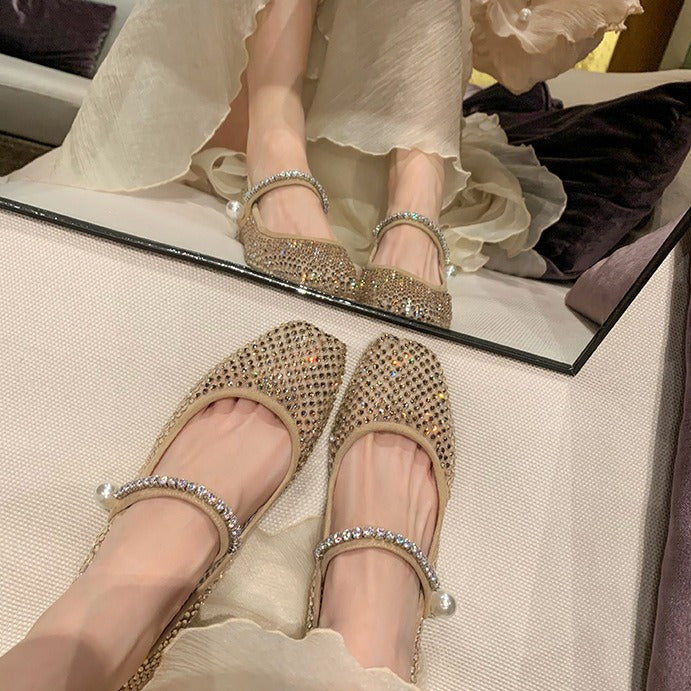 Square head mesh full of diamond pearls, Mary Jane women's singles shoes, grandma shoes