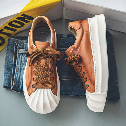 Men's low cut skateboard shoes, thick soled student casual shoes, leather top sports men's shoes