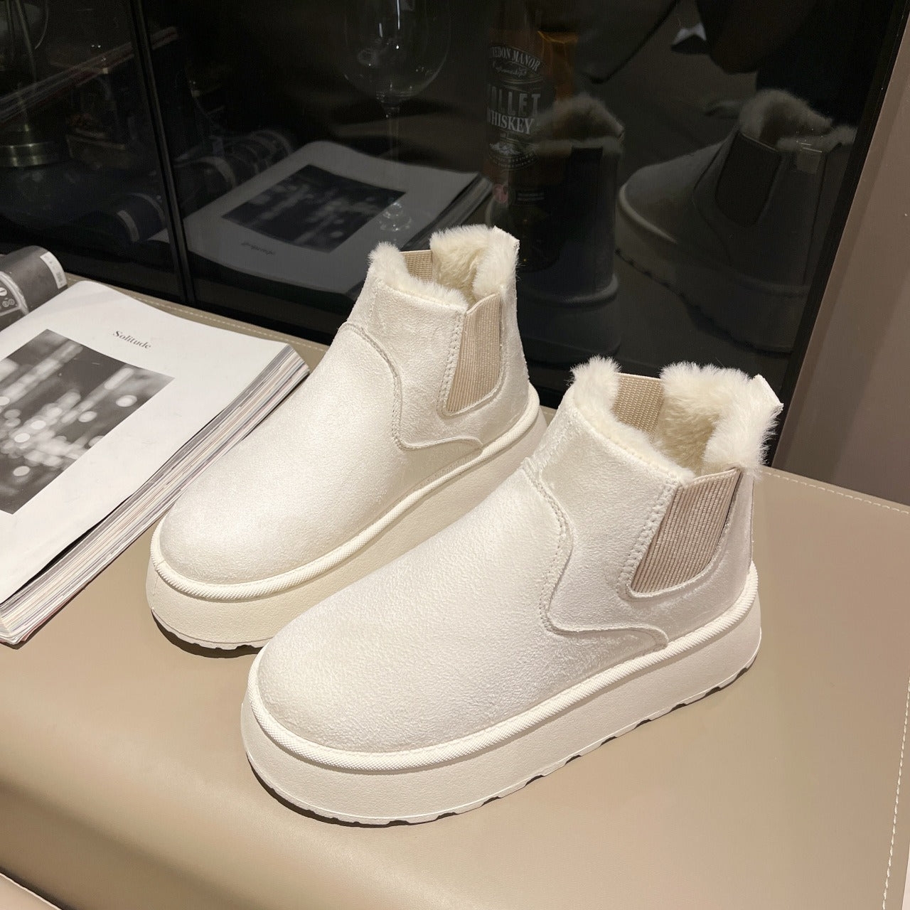 Short tube bread cotton shoes with plush and thick snow boots for women