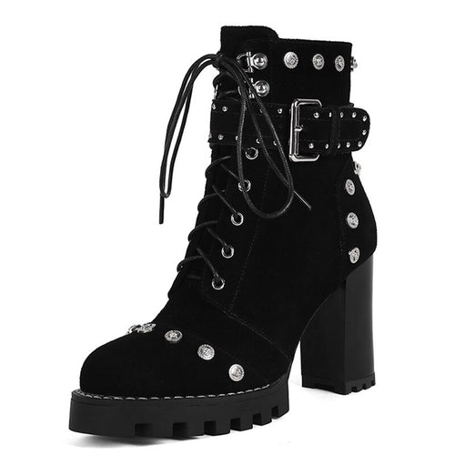 Genuine Leather Spring and Autumn Women's Shoes Round Head Thick Heel High Heel Frosted Lace up High Heel Large Shoes