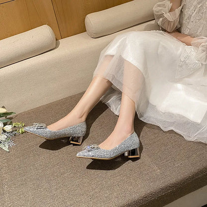 Silver French style mid heeled shoes for women's new square buckle wedding shoes and bridesmaid shoes