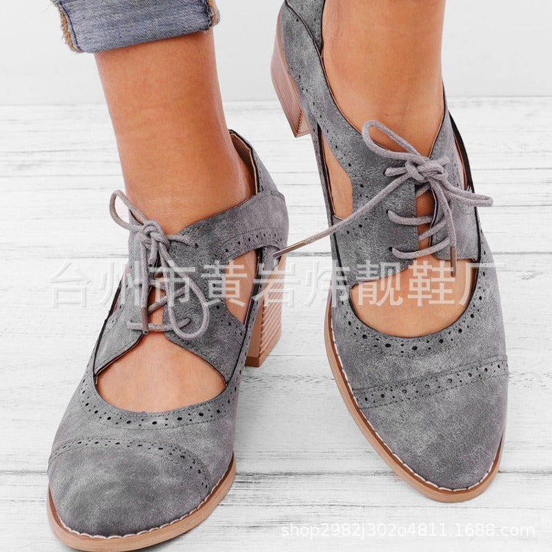 New European and American medium thick heel casual single shoes, four season shoes, hollowed out breathable women's shoes