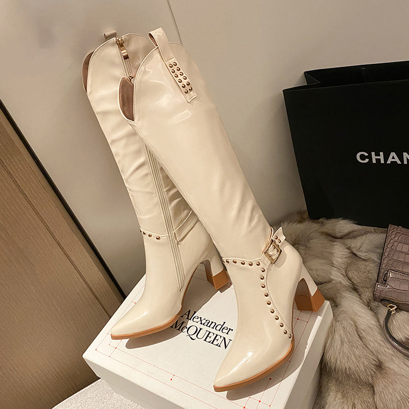Women's Shoes New Autumn Winter Warm Shoes Sexy High Heels Pointed Toe Rivets Black Dress Party Casual Knee High Boots