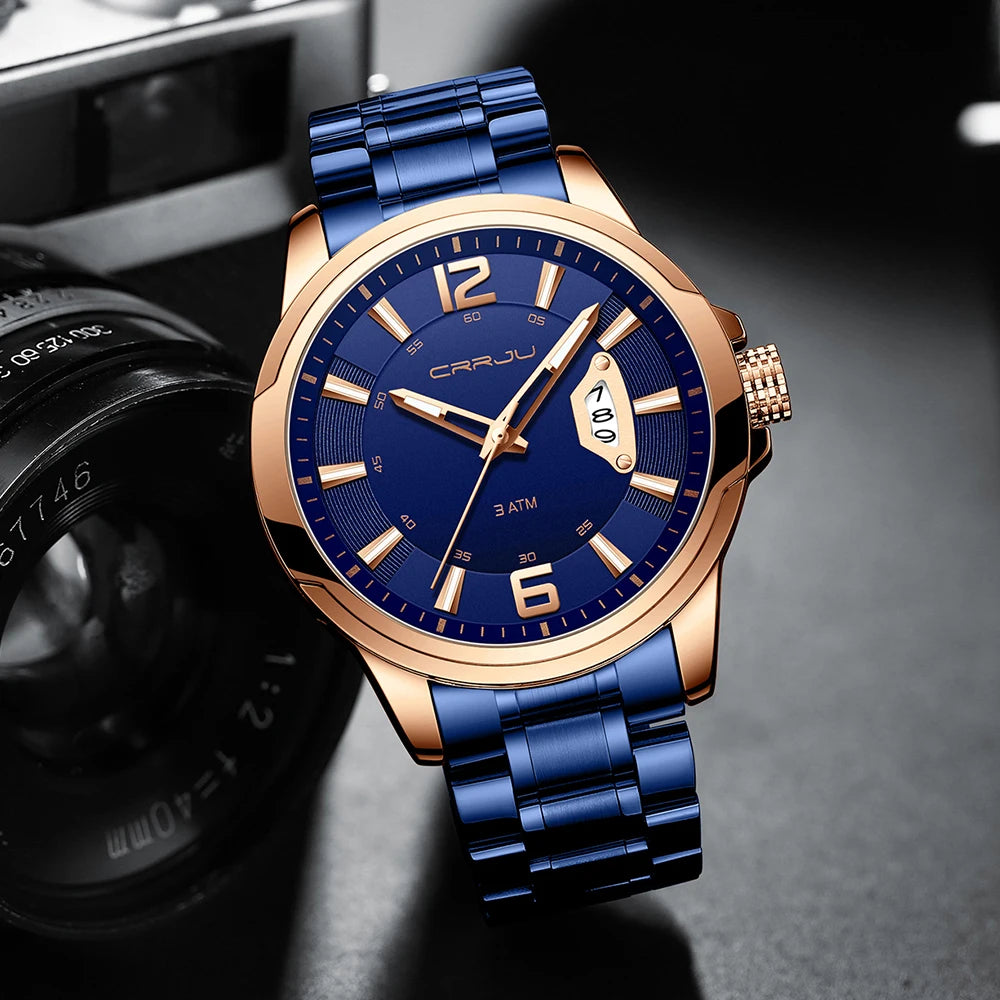 CRRJU Mens Watches Luxury Stainless Steel Business Man Watch  Classic Calendar Waterproof Quartz Watch for Men Relogio Masculino