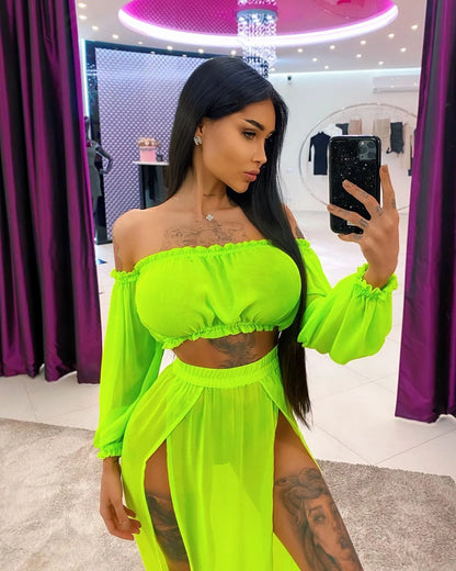 NEW Women Beach 2pcs Bikini Cover-Ups Swimsuit Off Shoulder Top+High Waist Dresss Sexy Ladies Swimming Cover Up Bathing Suit