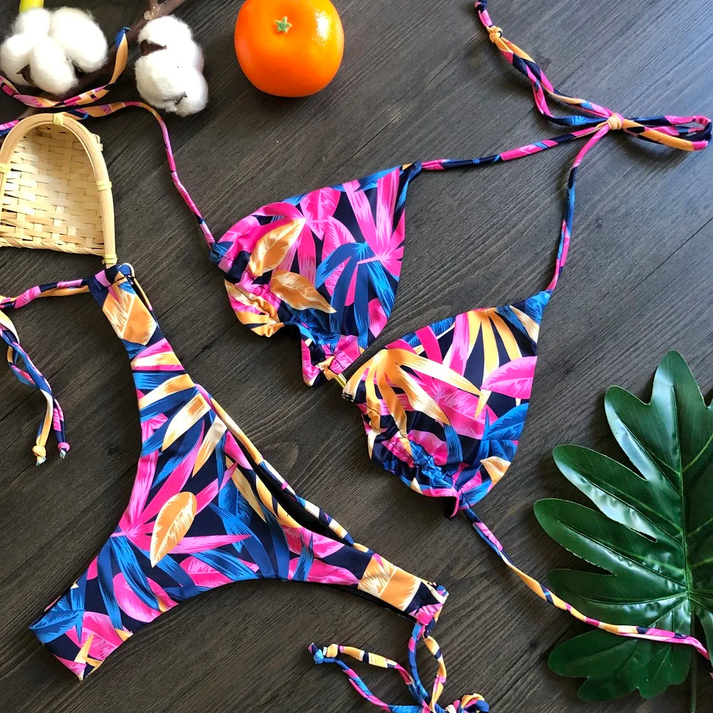 RUOTONGSEPT Sexy Micro Bikinis Set 2024 New Swimsuit Women Feather Print Bandage Swimwear Female Bathing Suit Brazilian Biquinis