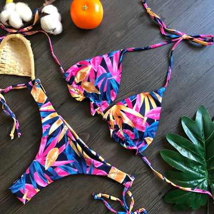 RUOTONGSEPT Sexy Micro Bikinis Set 2024 New Swimsuit Women Feather Print Bandage Swimwear Female Bathing Suit Brazilian Biquinis