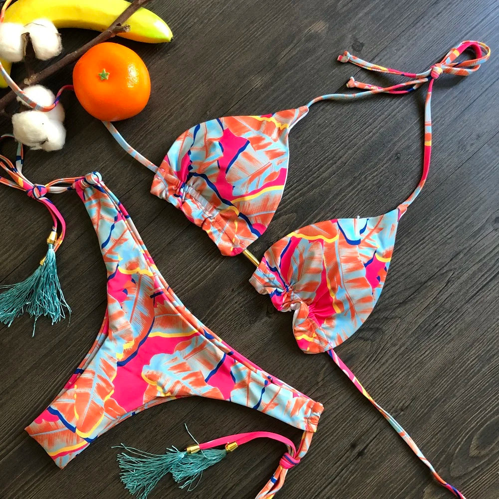 RUOTONGSEPT Sexy Micro Bikinis Set 2024 New Swimsuit Women Feather Print Bandage Swimwear Female Bathing Suit Brazilian Biquinis