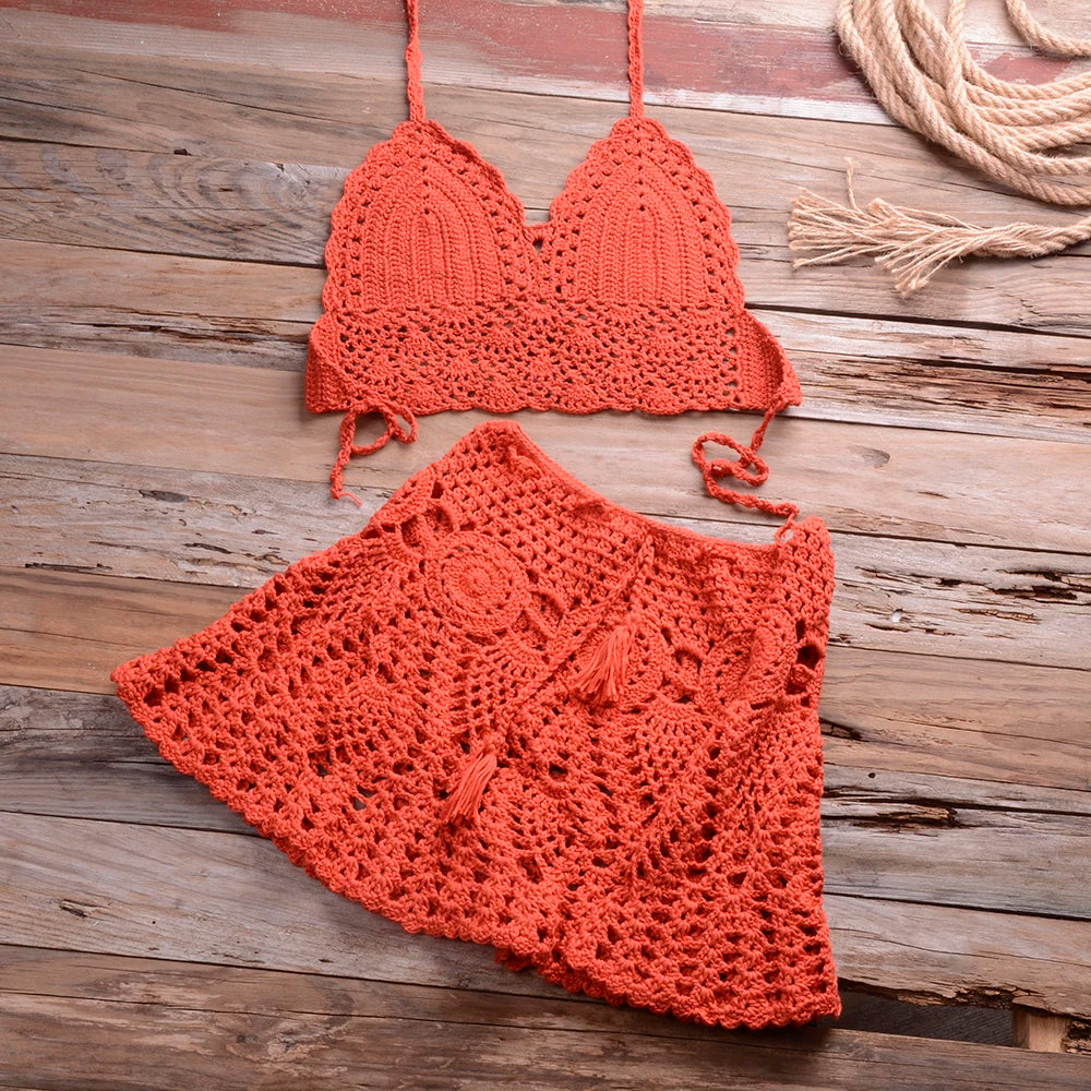 CROCHET BIKINI Two-piece Crochet Women Bikini Set Cover Up Swimsuit Swim Skirt Swimwear Bathing Swimdress Beachwear