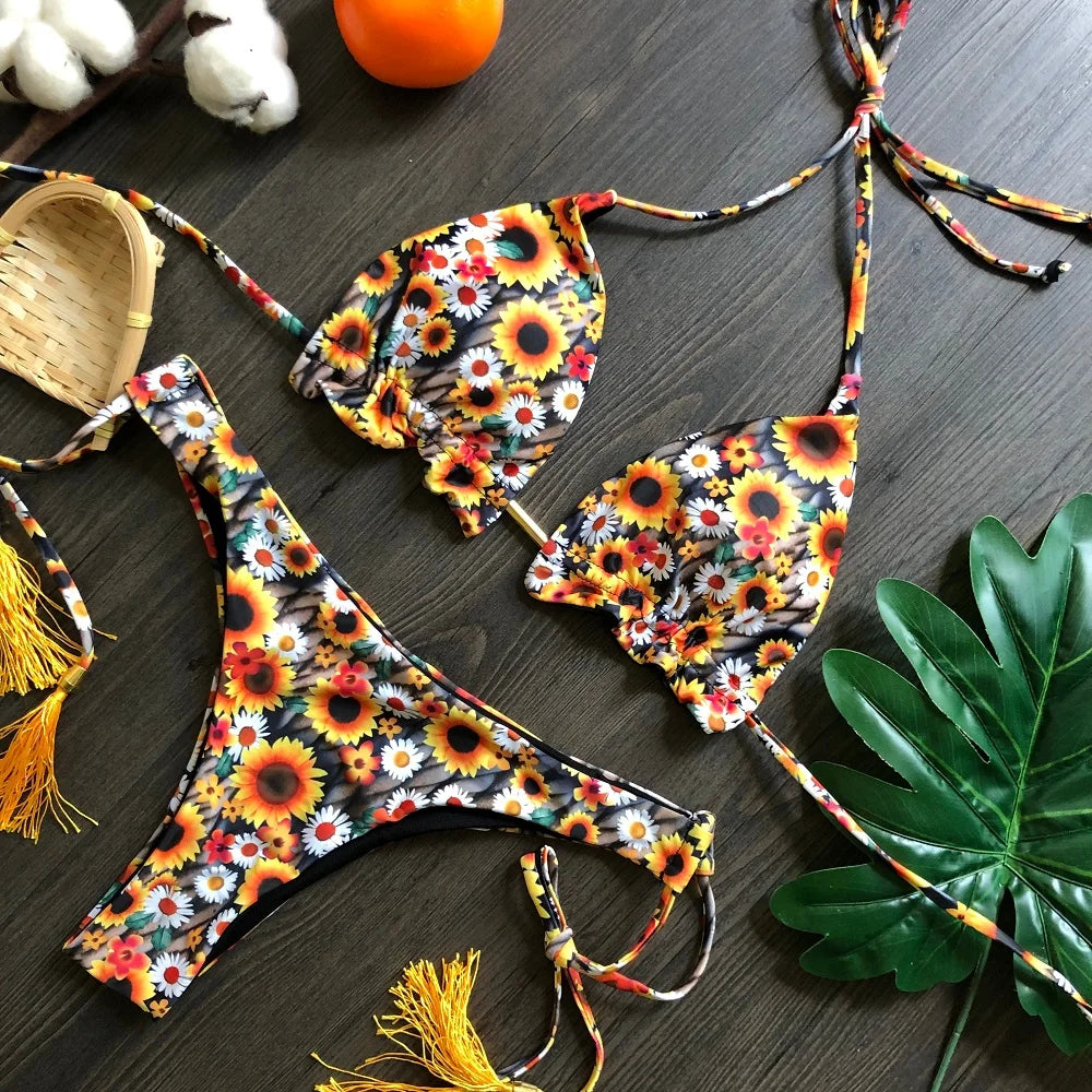 RUOTONGSEPT Sexy Micro Bikinis Set 2024 New Swimsuit Women Feather Print Bandage Swimwear Female Bathing Suit Brazilian Biquinis