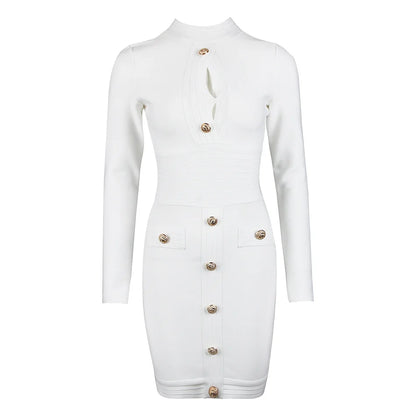 Women's Button Long Sleeve Hollow Out Bandage Dress Mini Black White Bodycon  Spring Elegant Sexy Club Evening Party Dresses