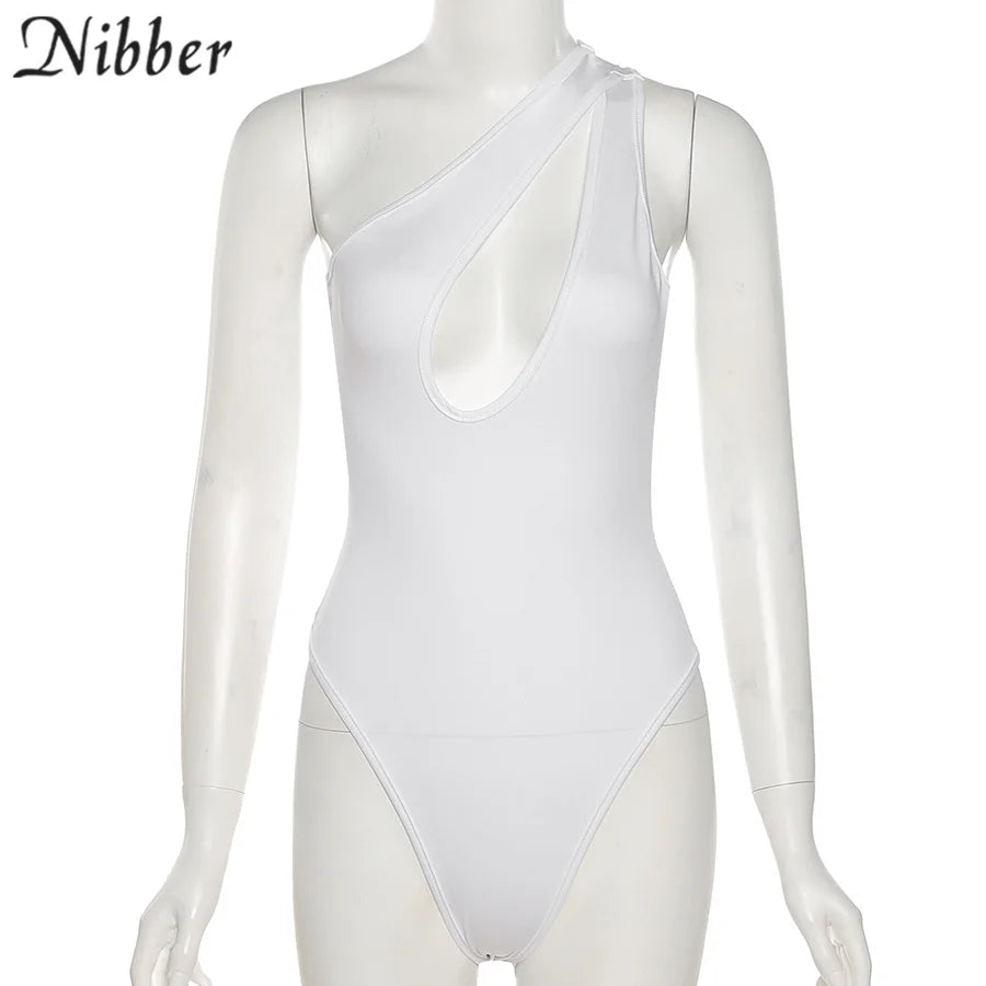 Nibber Sexy Beach Hollow Out Bodysuit 2021 Women Summer One Shoulder Elastic Slim Skinny Swimsuit Bodysuit Streetwear Outfit Hot