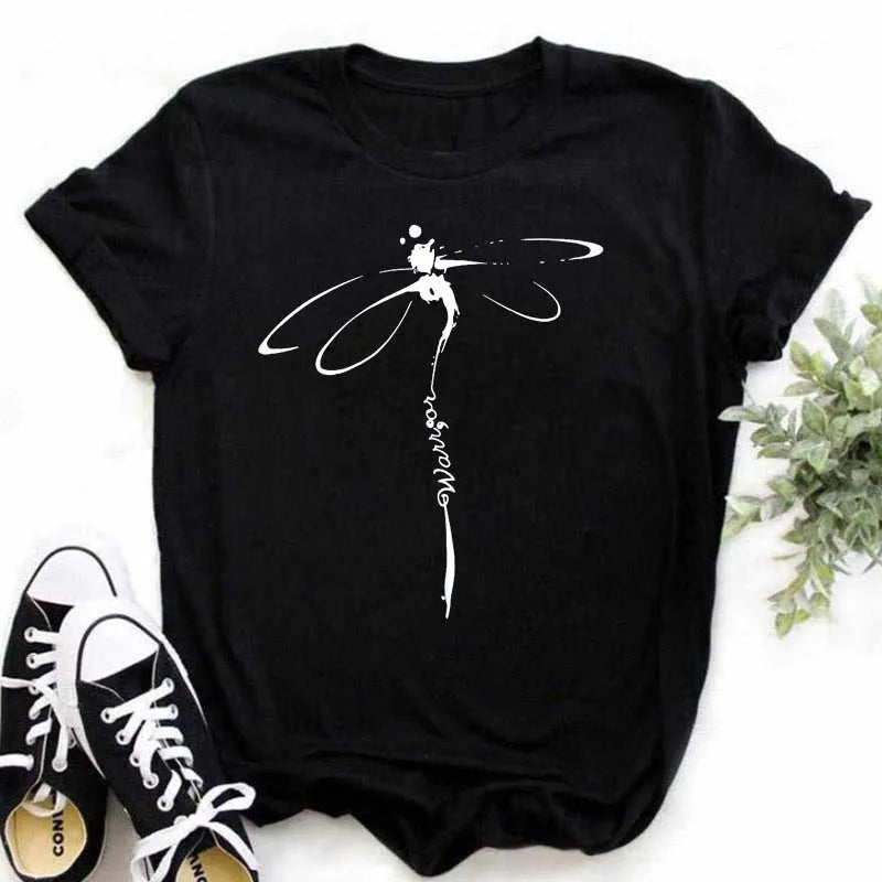 Maycaur Women's T-shirt Casual Kawaii Sunflower Butterfly Pattern Print Tshirt Comfortable Casual Women's Clothing Black Top
