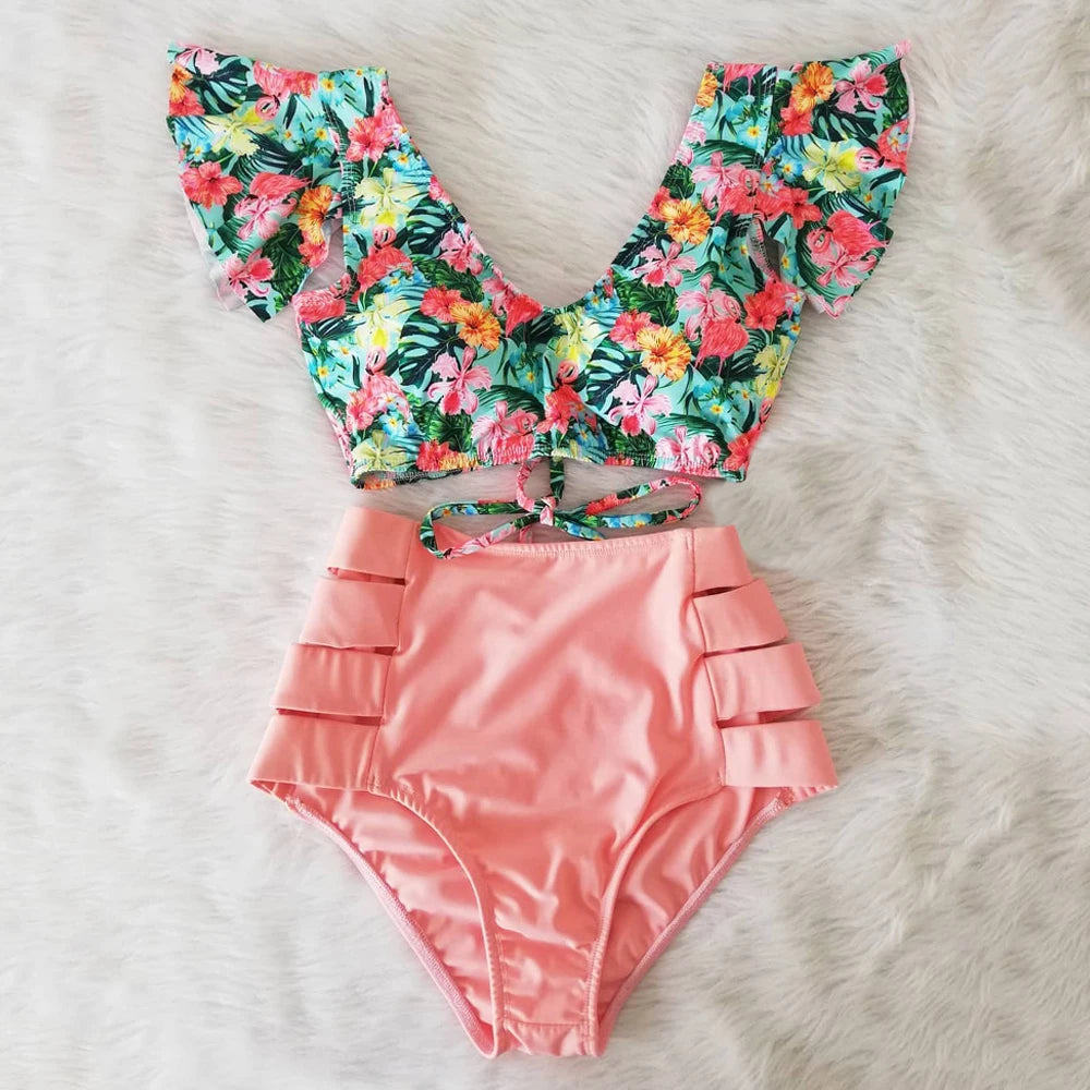 High Waist Ruffled Sexy Bikini Set 2025 Flounce Biquini Swimwear Women Two Pieces Swimsuit Floral Beachwear V-Neck Bathing Suit