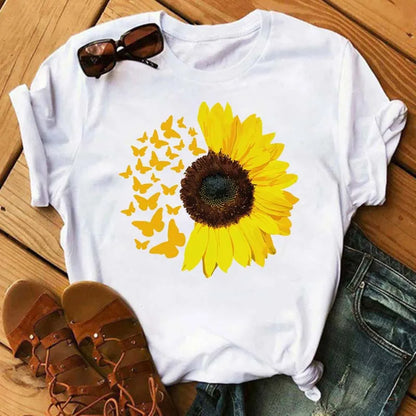 Maycaur Women's T-shirt Casual Kawaii Sunflower Butterfly Pattern Print Tshirt Comfortable Casual Women's Clothing Black Top