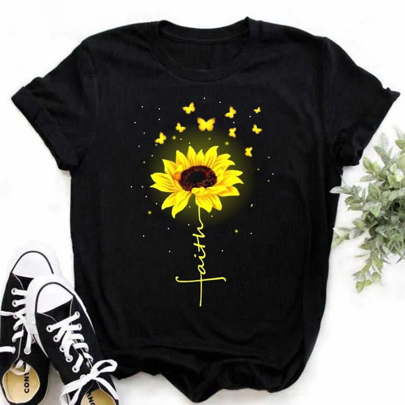 Maycaur Women's T-shirt Casual Kawaii Sunflower Butterfly Pattern Print Tshirt Comfortable Casual Women's Clothing Black Top