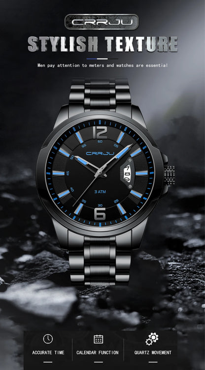CRRJU Mens Watches Luxury Stainless Steel Business Man Watch  Classic Calendar Waterproof Quartz Watch for Men Relogio Masculino