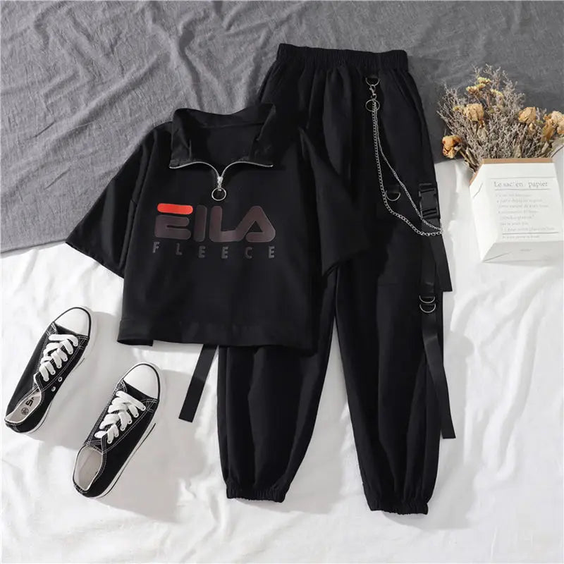 Fashion Cargo Pants Suit Female Harajuku Casual Shirt Short-Sleeved Top High Waist Loose Joggers Trousers Women Pants Streetwear
