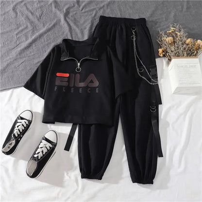 Fashion Cargo Pants Suit Female Harajuku Casual Shirt Short-Sleeved Top High Waist Loose Joggers Trousers Women Pants Streetwear