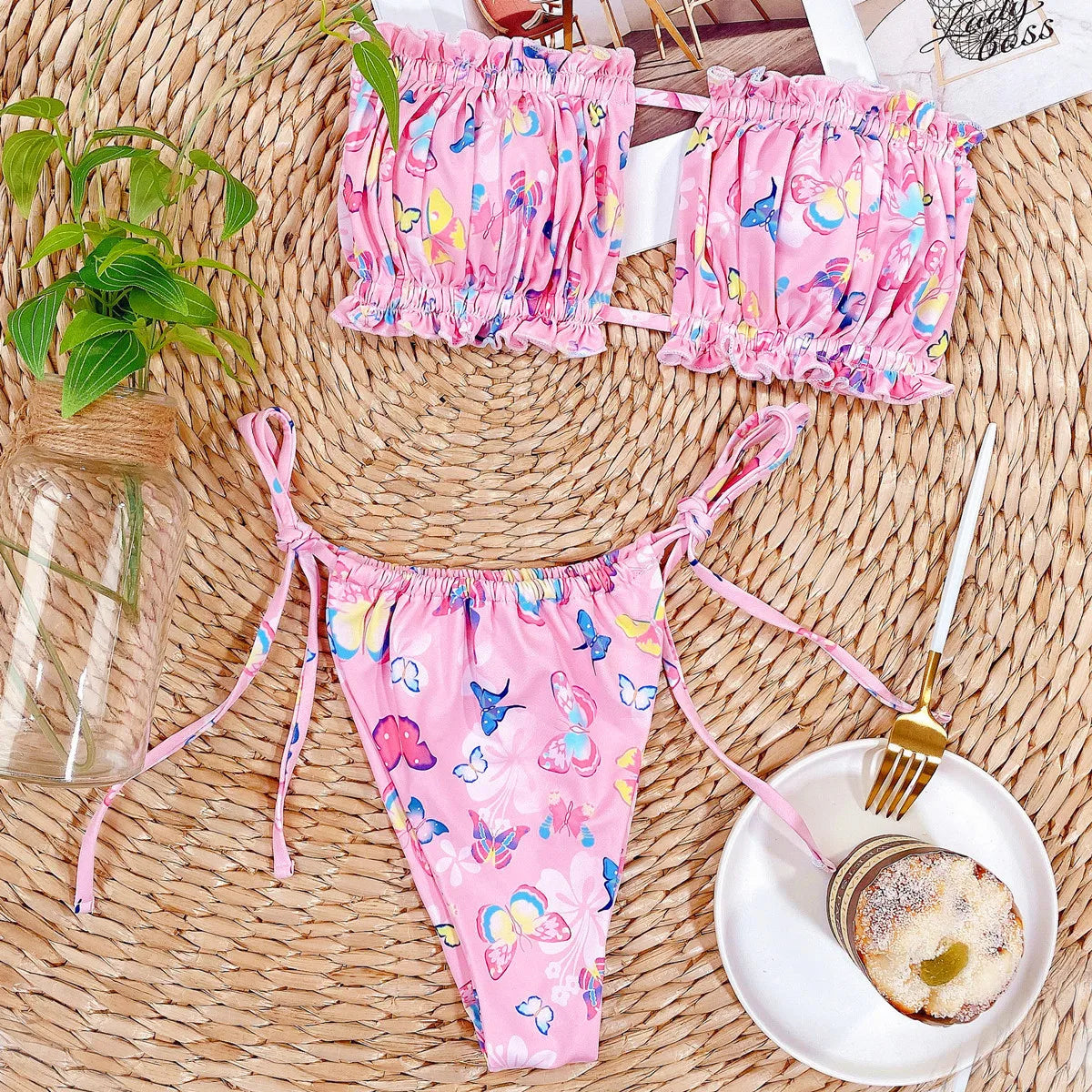 Sexy Bikini 2025 Pleated Bandeau Swimsuit Female Swimwear Women Mini Thong Bikini Set Bather Swimming Beachwear for Bathing Suit