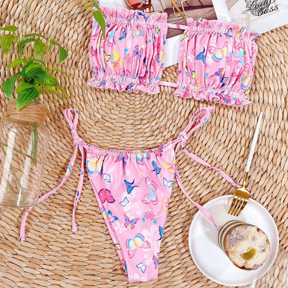 Sexy Bikini 2025 Pleated Bandeau Swimsuit Female Swimwear Women Mini Thong Bikini Set Bather Swimming Beachwear for Bathing Suit