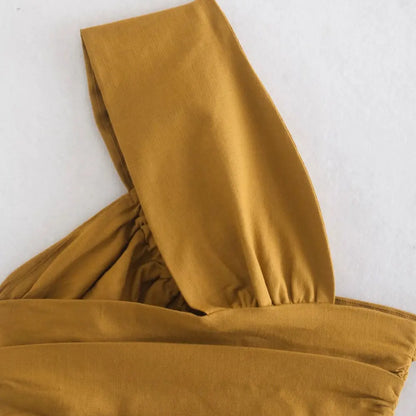 Women Sexy Fashion Pleated Asymmetry Linen Crop Tank Tops Vintage One Shoulder Side Zipper Female Camis Mujer
