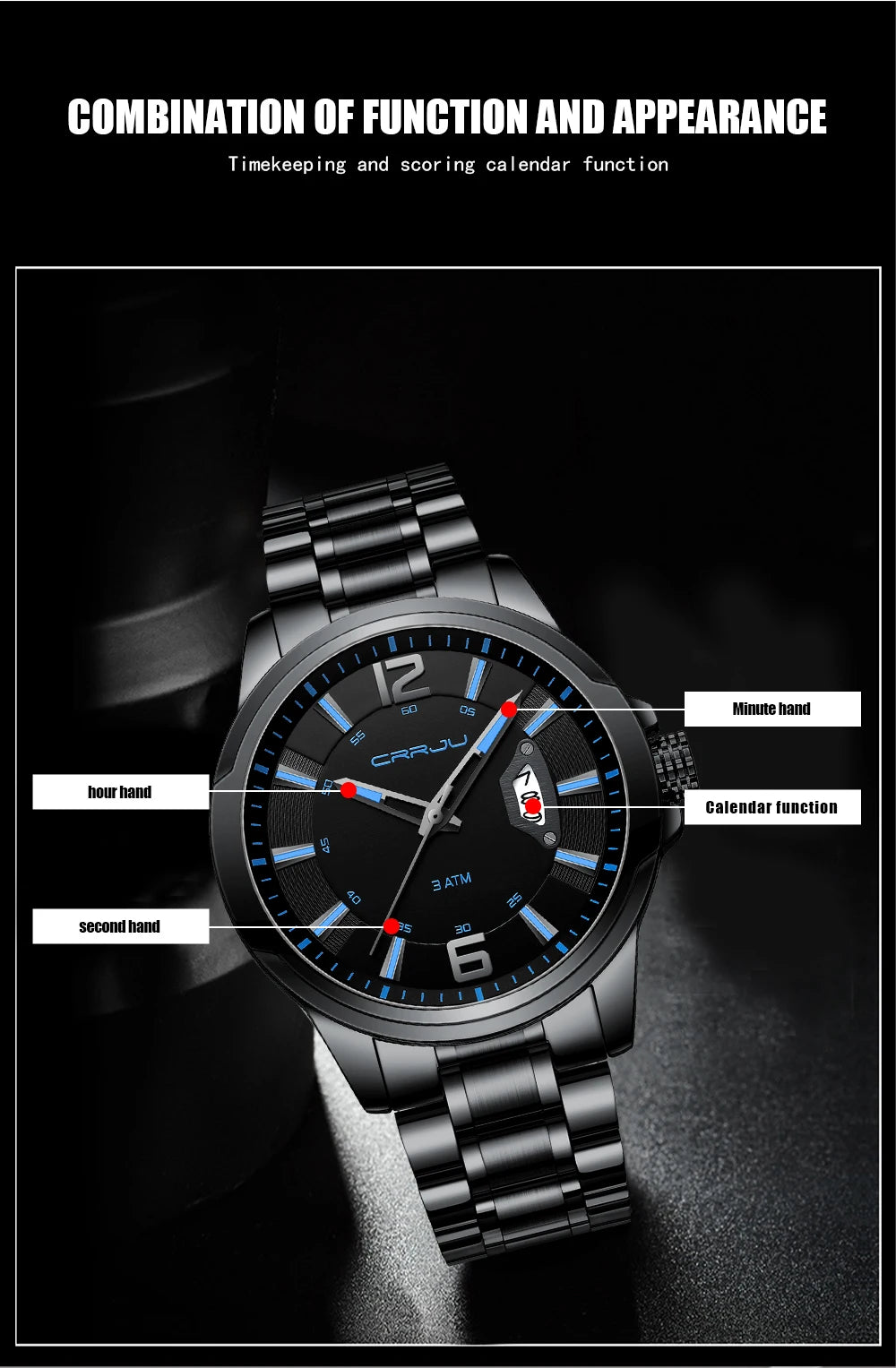 CRRJU Mens Watches Luxury Stainless Steel Business Man Watch  Classic Calendar Waterproof Quartz Watch for Men Relogio Masculino
