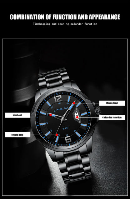 CRRJU Mens Watches Luxury Stainless Steel Business Man Watch  Classic Calendar Waterproof Quartz Watch for Men Relogio Masculino