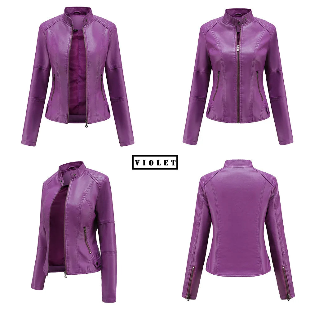 Faux Leather Jacket Women 2026 Autumn Spring Women's Moto Biker Jacket Red Black Coat Brown Purple Blue 3xl 4xl Coffee XS Beige