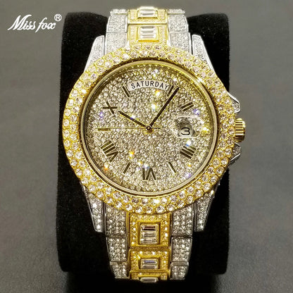 Full Iced Out Watch For Men Luxury Gold Hip Hop Diamond Quartz Mens Watches Waterproof Day Date Clock Best Selling Product 2023