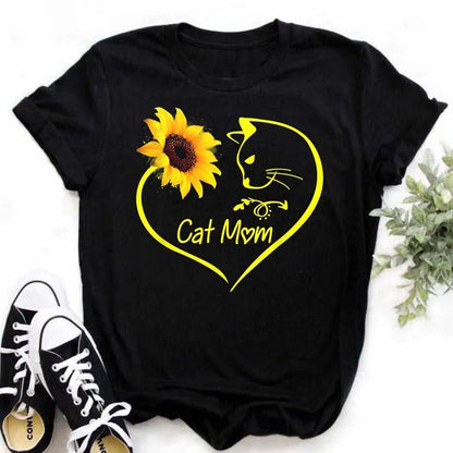 Maycaur Women's T-shirt Casual Kawaii Sunflower Butterfly Pattern Print Tshirt Comfortable Casual Women's Clothing Black Top