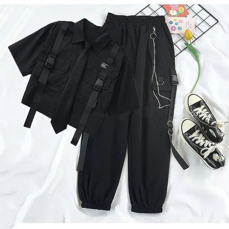 Fashion Cargo Pants Suit Female Harajuku Casual Shirt Short-Sleeved Top High Waist Loose Joggers Trousers Women Pants Streetwear
