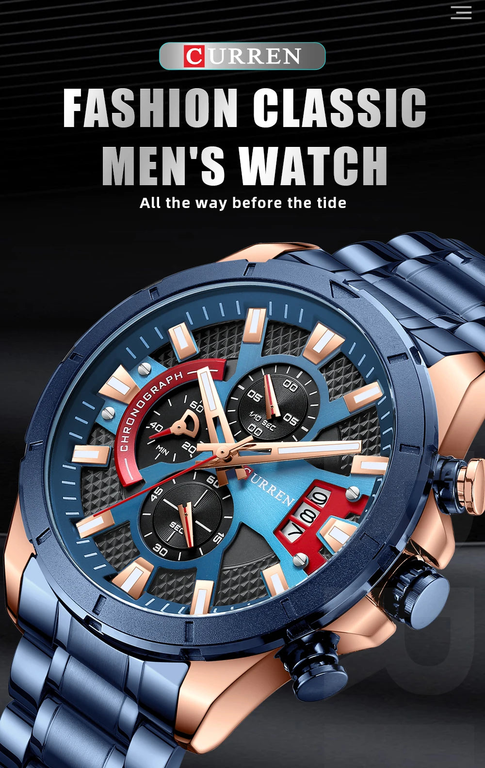 CURREN Watches Mens Top Brand Luxury Casual Steel Quartz Business Clock Male Sport Waterproof Date Chronograph reloj hombre