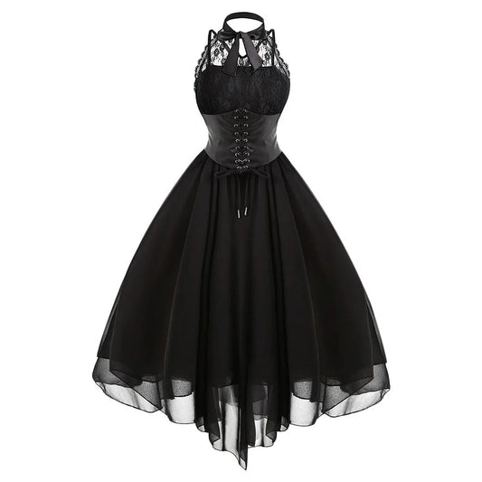 Women Black Gothic Punk Vintage Party Dresses Sleeveless Cross Back Retro Lace Panel Chiffon Solid Corset Swing Dress Vestidos