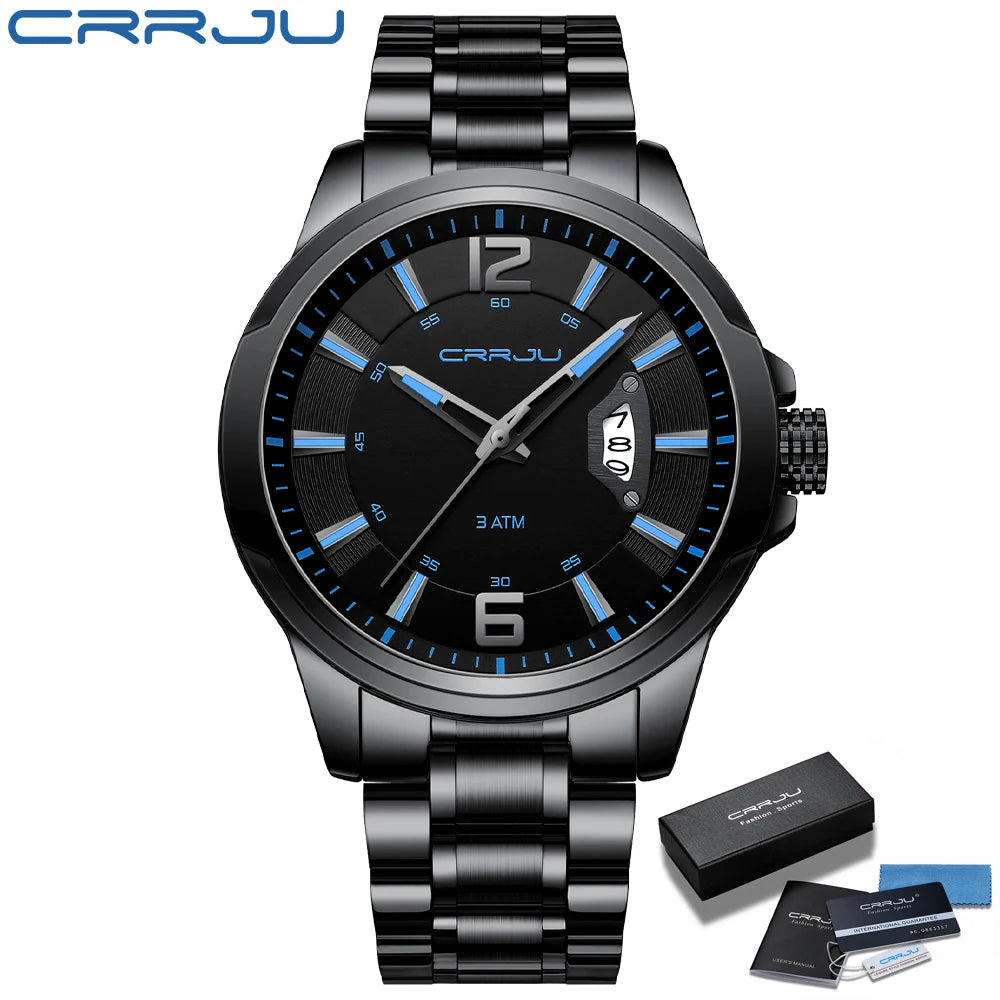 CRRJU Mens Watches Luxury Stainless Steel Business Man Watch  Classic Calendar Waterproof Quartz Watch for Men Relogio Masculino