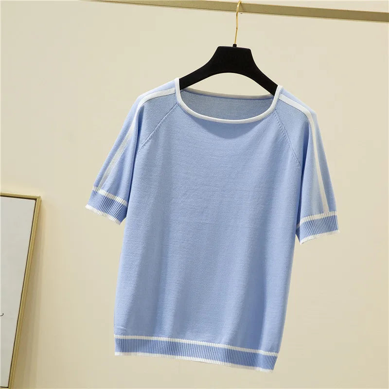Casual Thin Knitted T-Shirt Camisetas Mujer Summer Short Sleeve Tops Elegant Woman Clothes Striped Fashion Tee Shirt Femme 18841