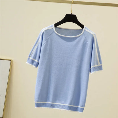 Casual Thin Knitted T-Shirt Camisetas Mujer Summer Short Sleeve Tops Elegant Woman Clothes Striped Fashion Tee Shirt Femme 18841