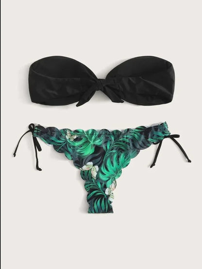 Beach Bikini 2025 Woman Sexy Front Lace Up Tie Bandeau Leopard Swimsuit Female Push Up Ruffled Bow Bathing Suit Thong Swimwear