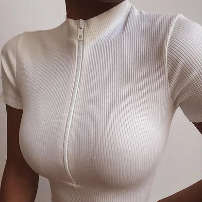 New Fashion Slim Fit Zipper T-shirt Women Female Bustier Corset Tops High Neck Women Crop Top Tee Solid Shirt White