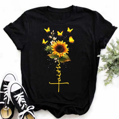 Maycaur Women's T-shirt Casual Kawaii Sunflower Butterfly Pattern Print Tshirt Comfortable Casual Women's Clothing Black Top