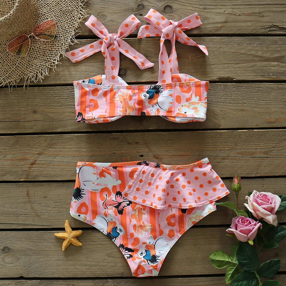 Two-Pieces Women Floral 2025 Push-Up Padded Bra Ruffles Bandage Bikini Set Swimsuit Swimwear Bathing Suit Beachwear Biquini