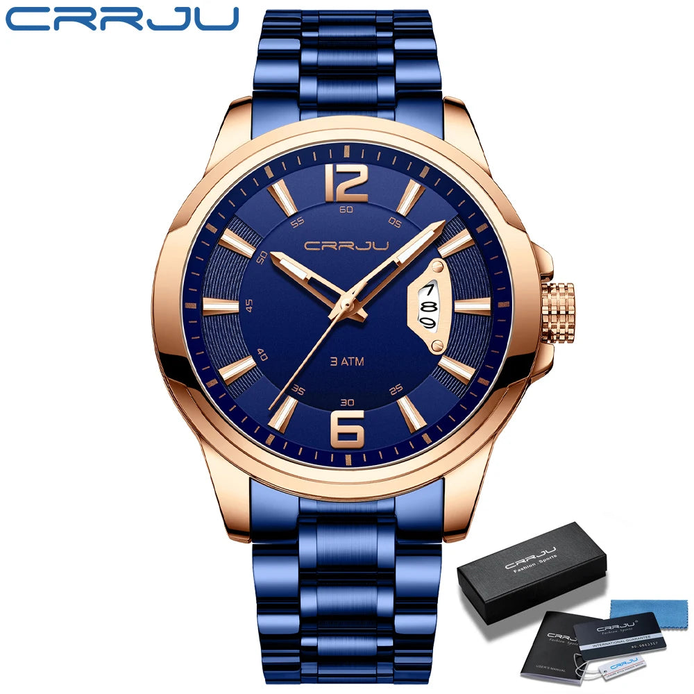 CRRJU Mens Watches Luxury Stainless Steel Business Man Watch  Classic Calendar Waterproof Quartz Watch for Men Relogio Masculino