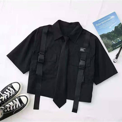 Fashion Cargo Pants Suit Female Harajuku Casual Shirt Short-Sleeved Top High Waist Loose Joggers Trousers Women Pants Streetwear