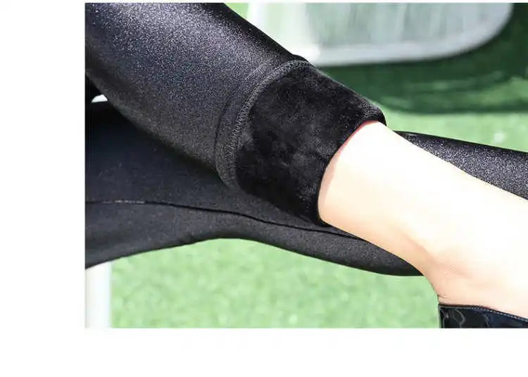 Autumn Winter Thick Leggings Fashion Solid Slim Pants Lady fleece Warm Leggings Casual Black Shiny High Waist Leggings