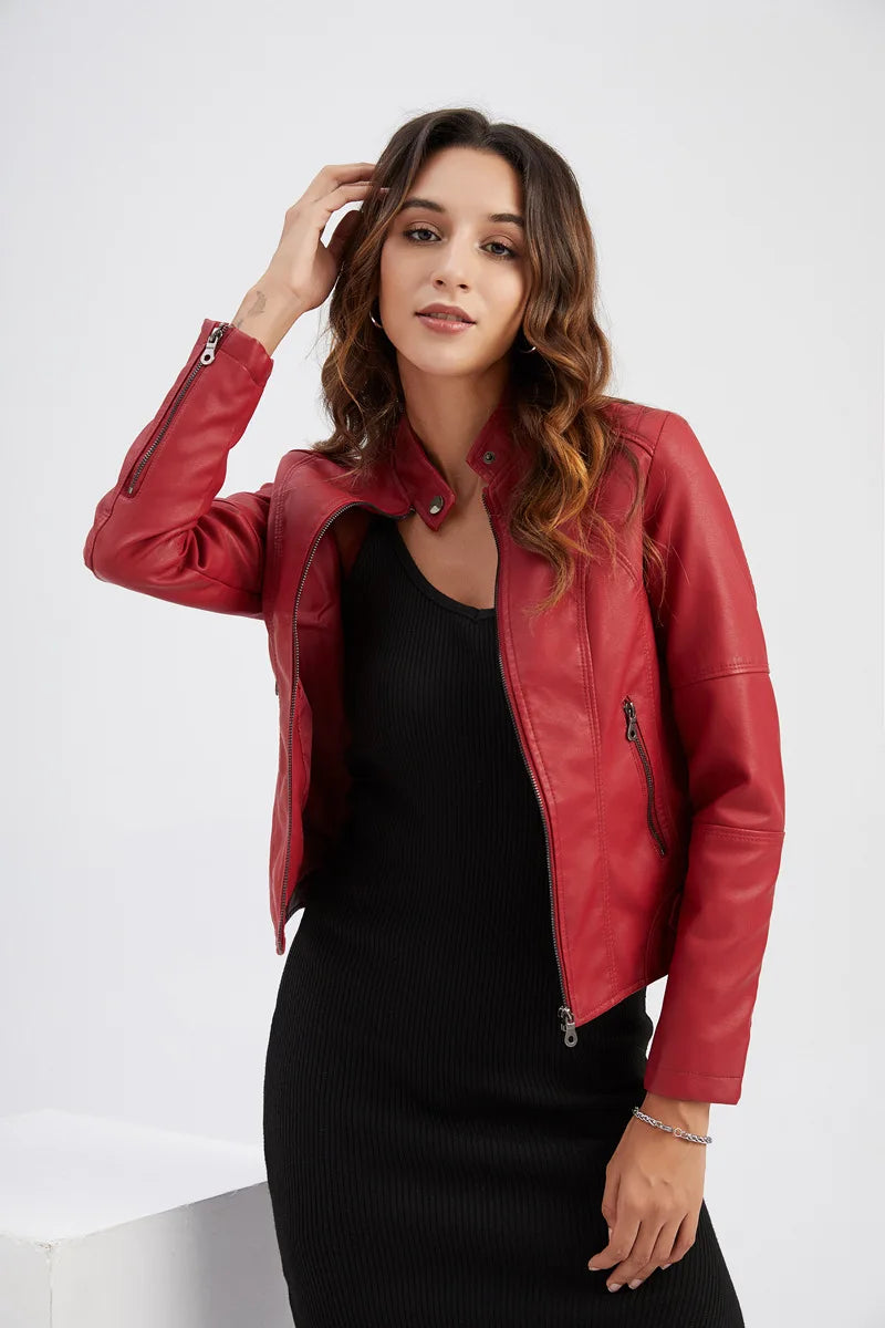 Faux Leather Jacket Women 2026 Autumn Spring Women's Moto Biker Jacket Red Black Coat Brown Purple Blue 3xl 4xl Coffee XS Beige