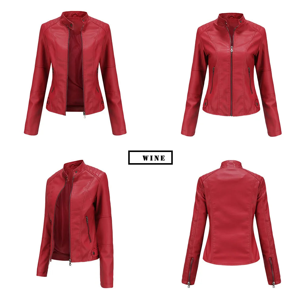 Faux Leather Jacket Women 2026 Autumn Spring Women's Moto Biker Jacket Red Black Coat Brown Purple Blue 3xl 4xl Coffee XS Beige