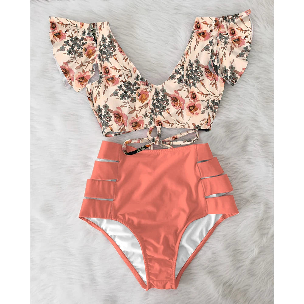 High Waist Ruffled Sexy Bikini Set 2025 Flounce Biquini Swimwear Women Two Pieces Swimsuit Floral Beachwear V-Neck Bathing Suit